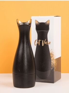 Black Cat Ceramic Vase with Gold Accent